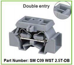 Svorkovnice SM C09 WS 2.5T-DB - Schmid-M: Svorkovnice pro DIN pružinu SM C09 WS 2.5T-DB; Rozměr 28/10/18 mm; Napětí 300V; Proud 15A; Velikost drátu 0,2-2,5 mm2